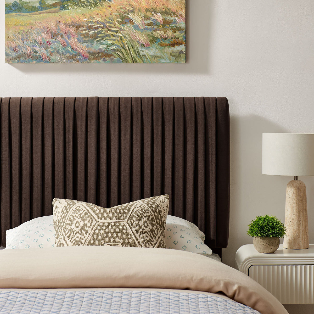 Eloise stain-resistant velvet headboard in dark brown with vertical channel tufting by Modway on Tampa Home & Garden Store