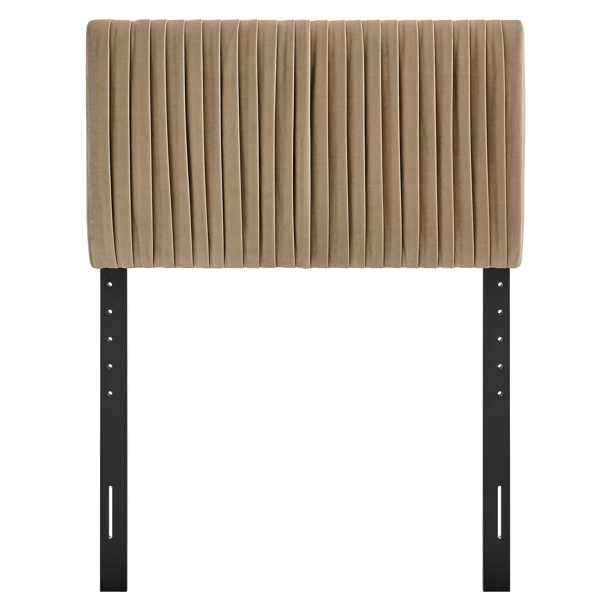 Eloise headboard stain-resistant velvet taupe with vertical channel tufting and black metal legs on Tampa Home & Garden Store