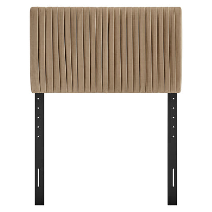 Eloise headboard stain-resistant velvet taupe with vertical channel tufting and black metal legs on Tampa Home & Garden Store