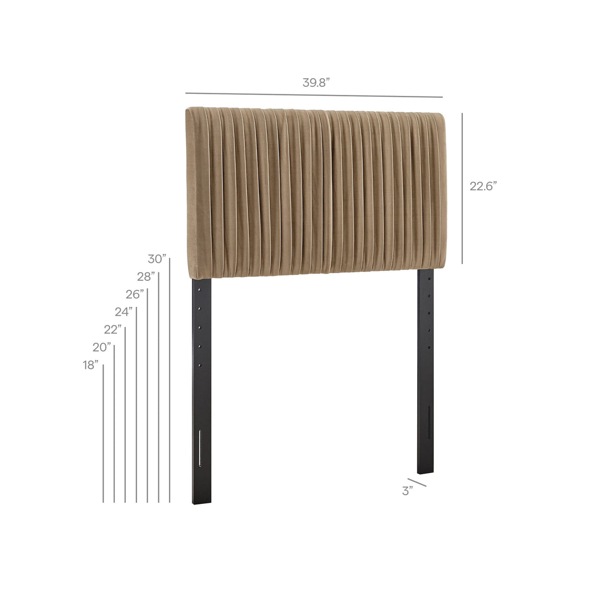 Eloise velvet headboard in camel with vertical channel tufting on black metal legs on Tampa Home & Garden Store