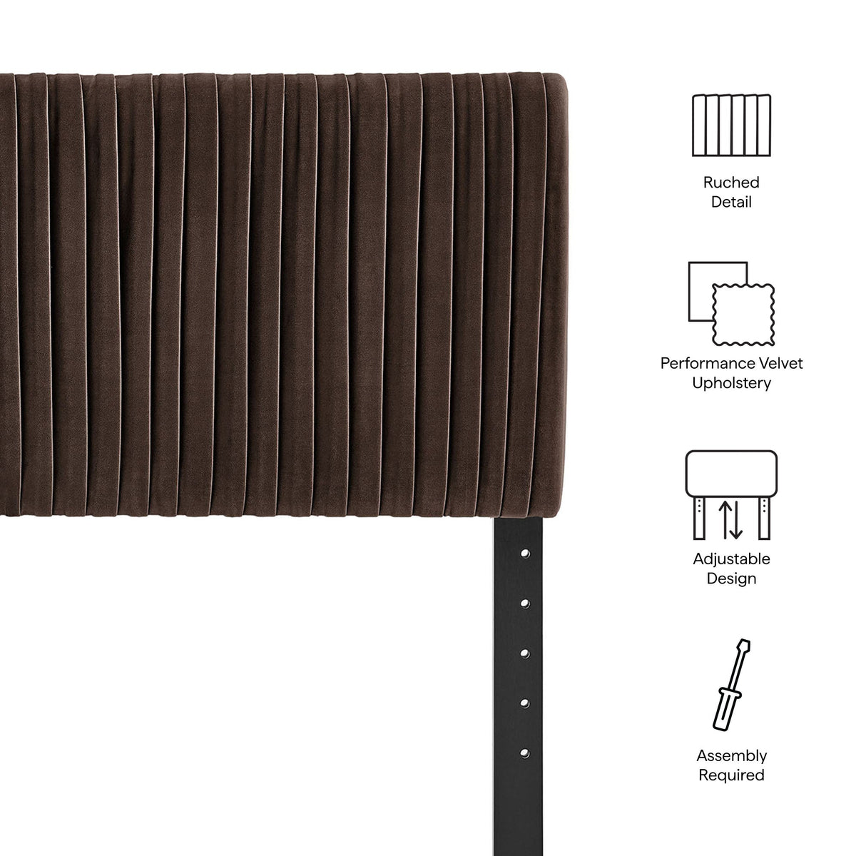 Eloise stain-resistant velvet headboard, chocolate brown, ruched vertical channels, by Modway on Tampa Home & Garden Store