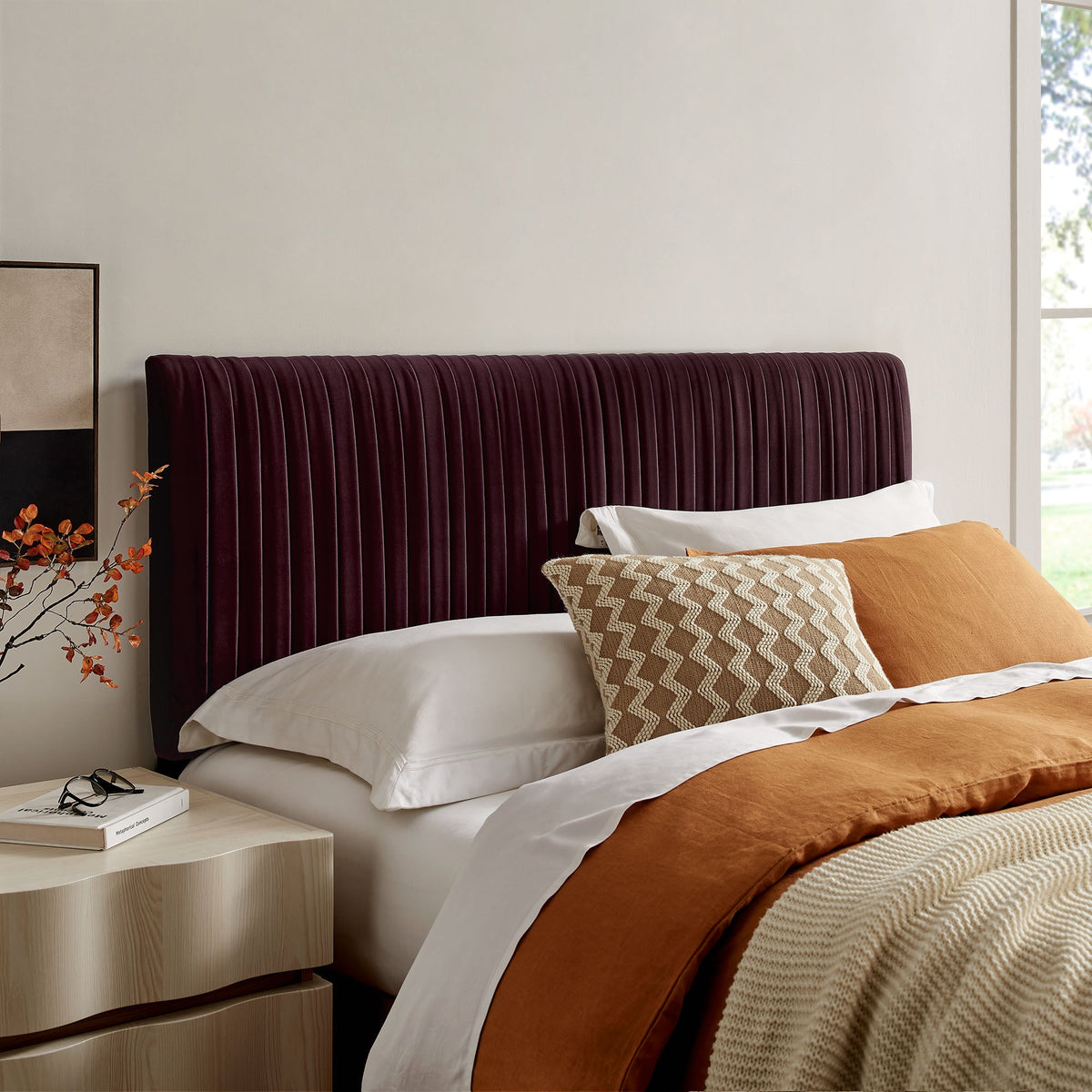 Eloise stain-resistant burgundy velvet headboard with channel tufting by HouseOfZazla on Tampa Home & Garden Store