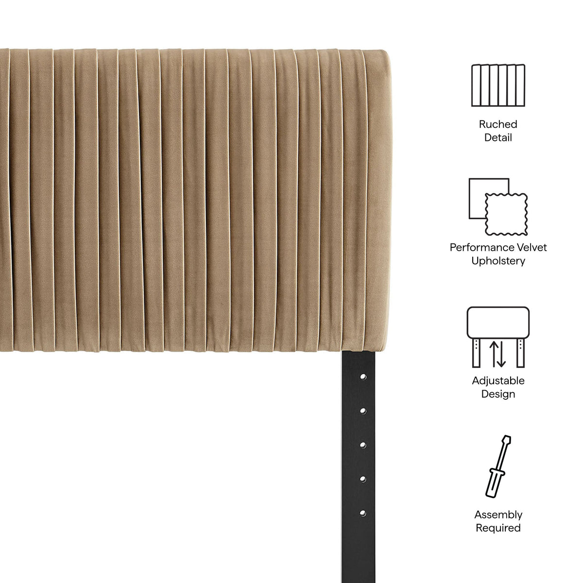 Eloise Stain-Resistant Performance Velvet Headboard beige tufted ruched fabric with black legs on Tampa Home & Garden Store