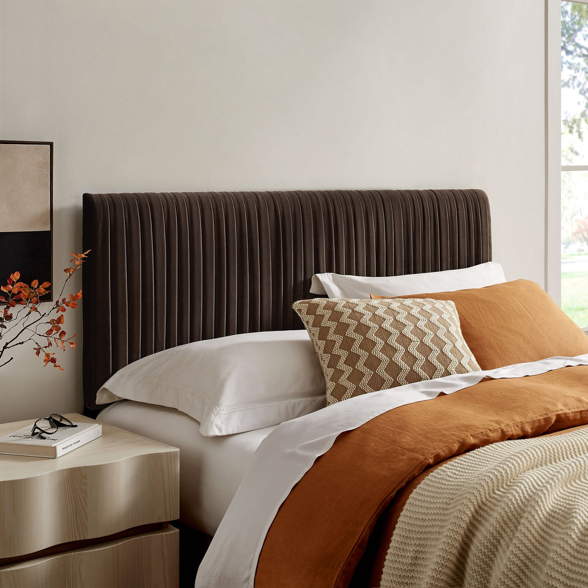 Eloise stain-resistant performance velvet headboard in dark brown with vertical channels on Tampa Home & Garden Store