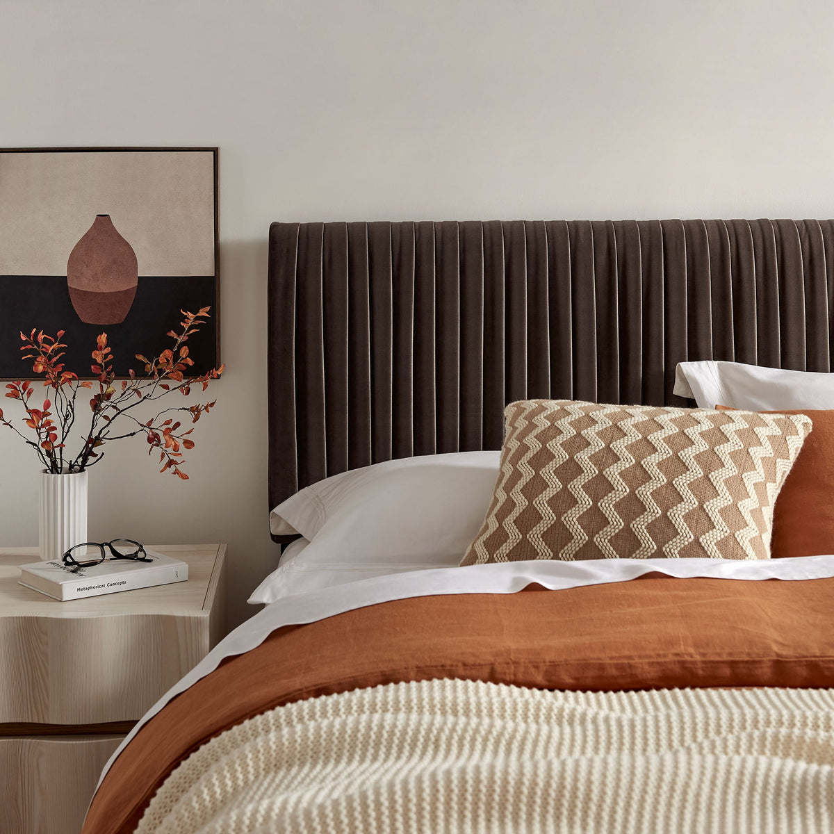 Eloise Stain-Resistant Velvet Headboard, dark brown with vertical channels; cozy bedroom setup on Tampa Home & Garden Store