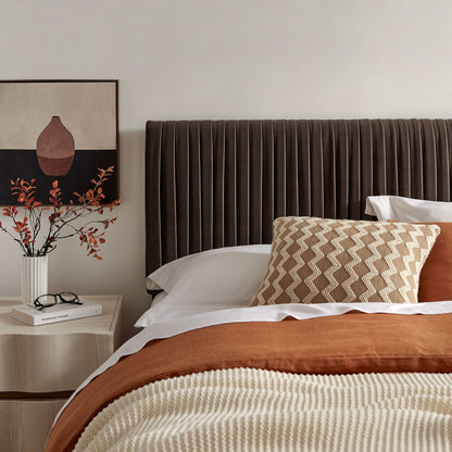 Eloise Stain-Resistant Velvet Headboard, dark brown with vertical channels; cozy bedroom setup on Tampa Home & Garden Store