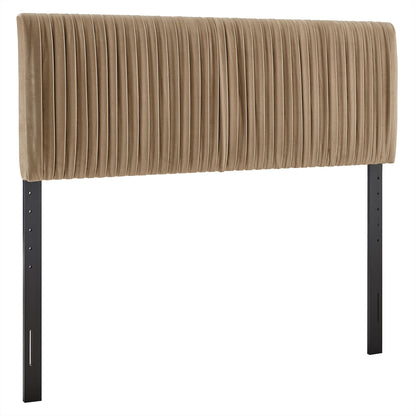 Eloise stain-resistant velvet headboard in tan with vertical channel tufting on black metal legs on Tampa Home & Garden Store