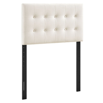 Emily Stain-Resistant Performance Velvet Headboard cream, square tufting, black metal legs on Tampa Home & Garden Store