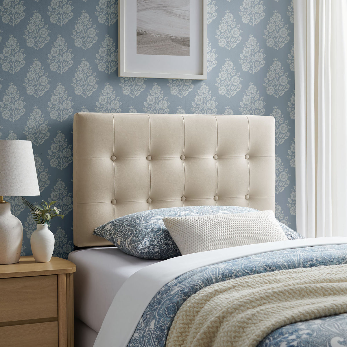 Emily Stain-Resistant Performance Velvet Headboard beige tufted by Modway in blue damask bedroom on Tampa Home & Garden Store