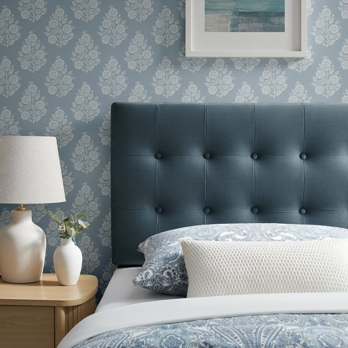 Emily Stain-Resistant Performance Velvet Headboard in deep blue, tufted by Modway on Tampa Home & Garden Store