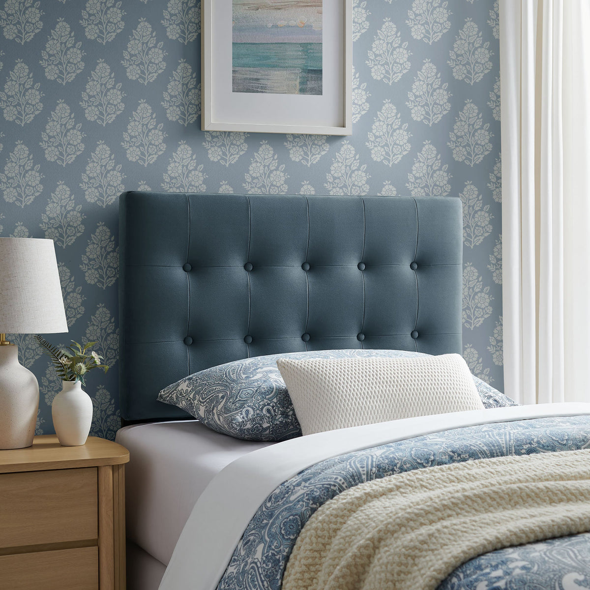 Emily Stain-Resistant Performance Velvet Headboard by Modway, dark teal tufted velvet headboard on Tampa Home & Garden Store