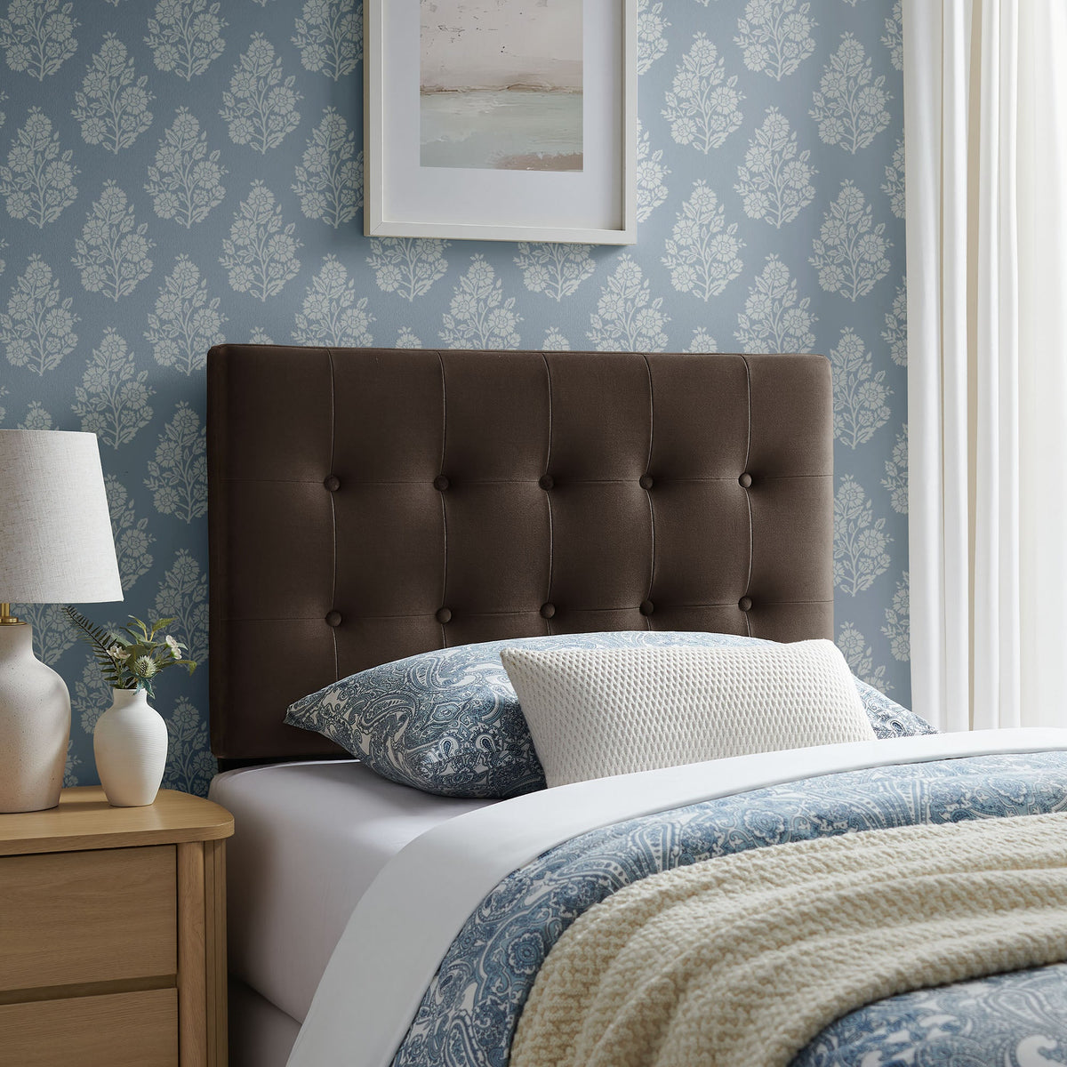 Headboard Emily Stain-Resistant Performance Velvet by Modway in dark brown tufted upholstery on Tampa Home & Garden Store