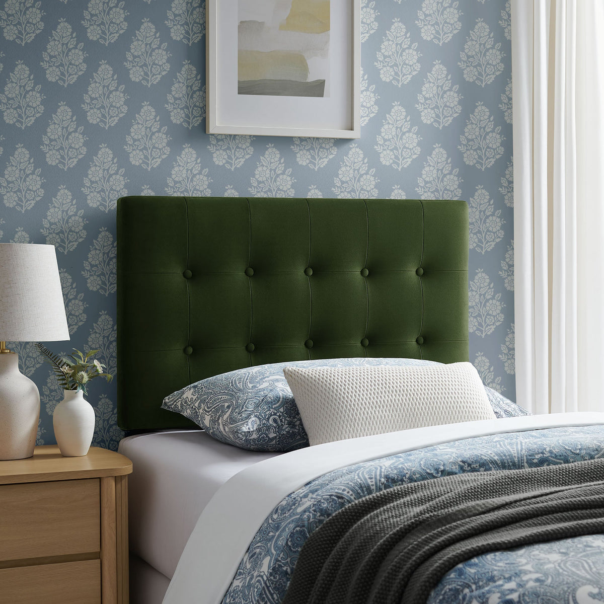 Emily Stain-Resistant Performance Velvet Headboard emerald green, tufted with button accents on Tampa Home & Garden Store