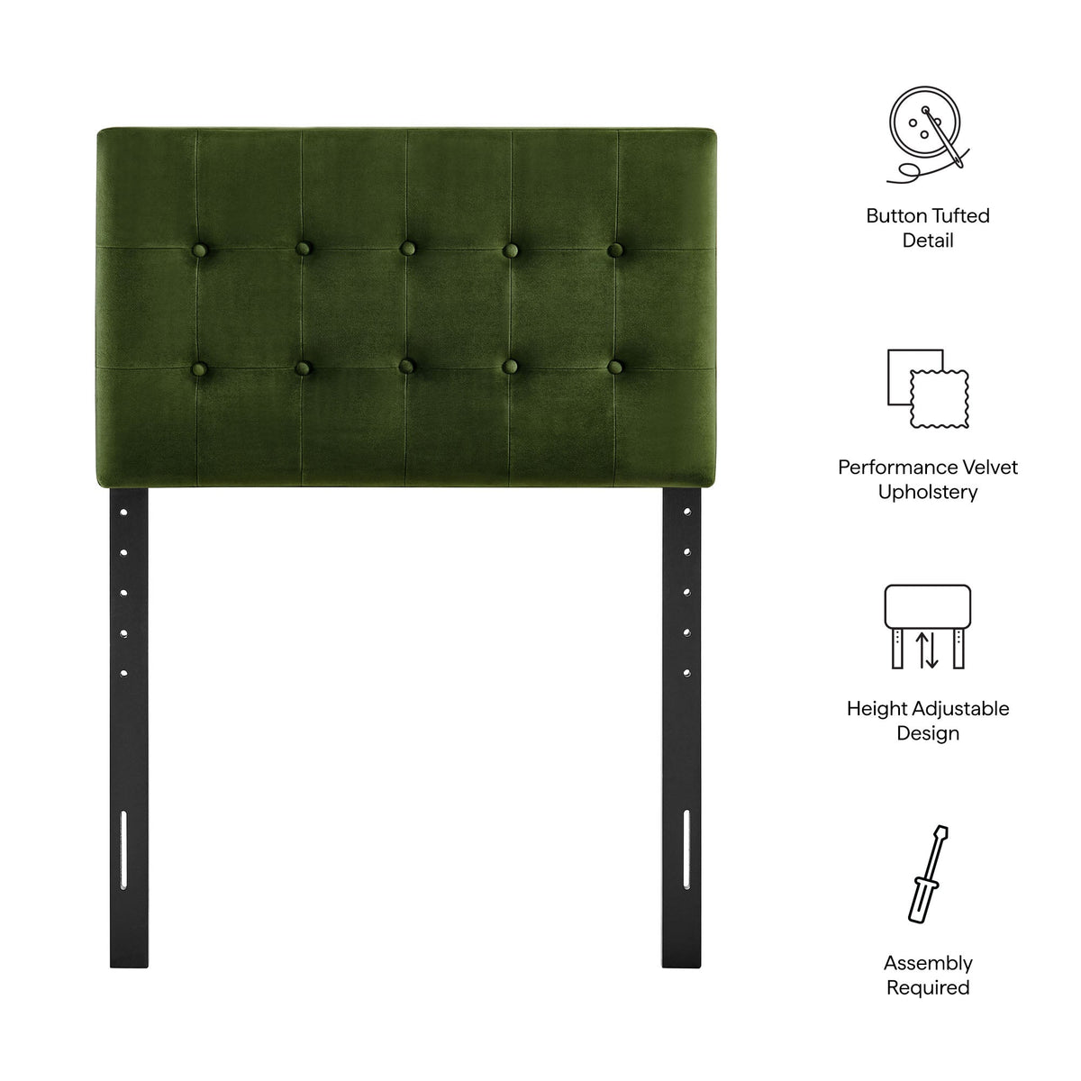 Emily Stain-Resistant Performance Velvet Headboard in olive green with button-tufted panels on Tampa Home & Garden Store