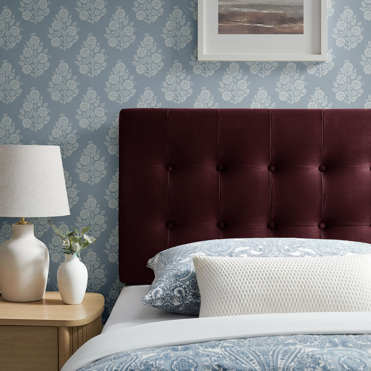 Emily Stain-Resistant Performance Velvet Headboard burgundy velvet upholstery by HouseOfZazla on Tampa Home & Garden Store