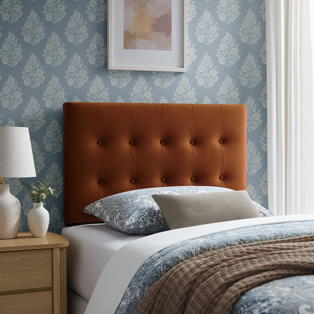 Emily stain-resistant performance velvet headboard by Modway in burnt orange, button-tufted on Tampa Home & Garden Store
