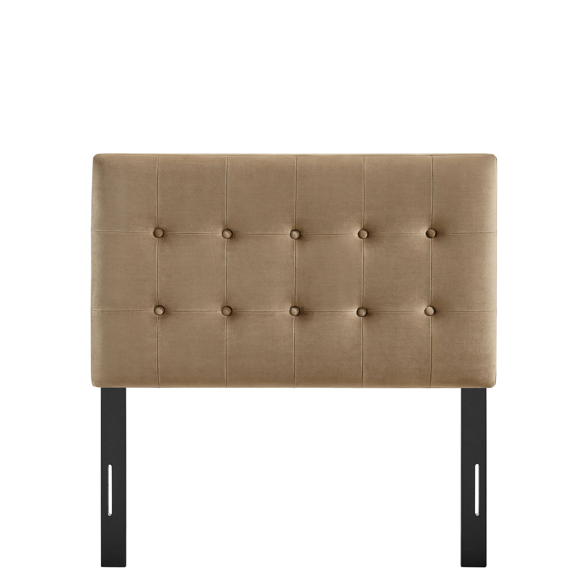 Emily Stain-Resistant Velvet Headboard in tan with square tufting by Modway on black metal legs on Tampa Home & Garden Store
