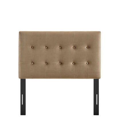 Emily Stain-Resistant Velvet Headboard in tan with square tufting by Modway on black metal legs on Tampa Home & Garden Store