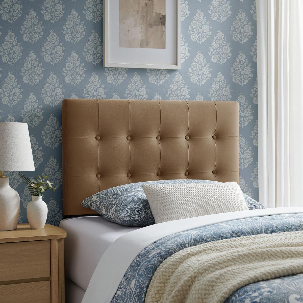 Emily Stain-Resistant Velvet Headboard by HouseOfZazla; tan tufted headboard in blue bedroom on Tampa Home & Garden Store