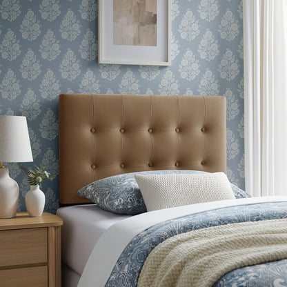 Emily Stain-Resistant Velvet Headboard by HouseOfZazla; tan tufted headboard in blue bedroom on Tampa Home & Garden Store
