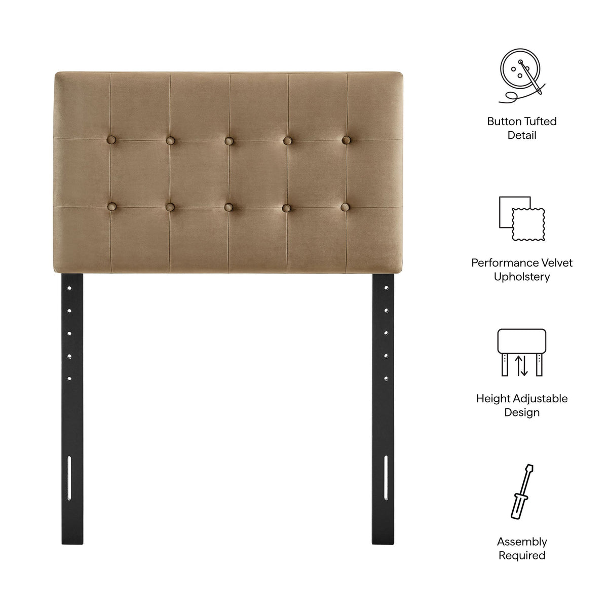 Emily Stain-Resistant Performance Velvet Headboard with button tufting and black metal legs on Tampa Home & Garden Store
