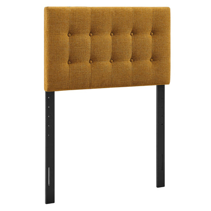 Emily Fabric Upholstered Headboard in mustard yellow fabric, tufted grid, black metal legs on Tampa Home & Garden Store