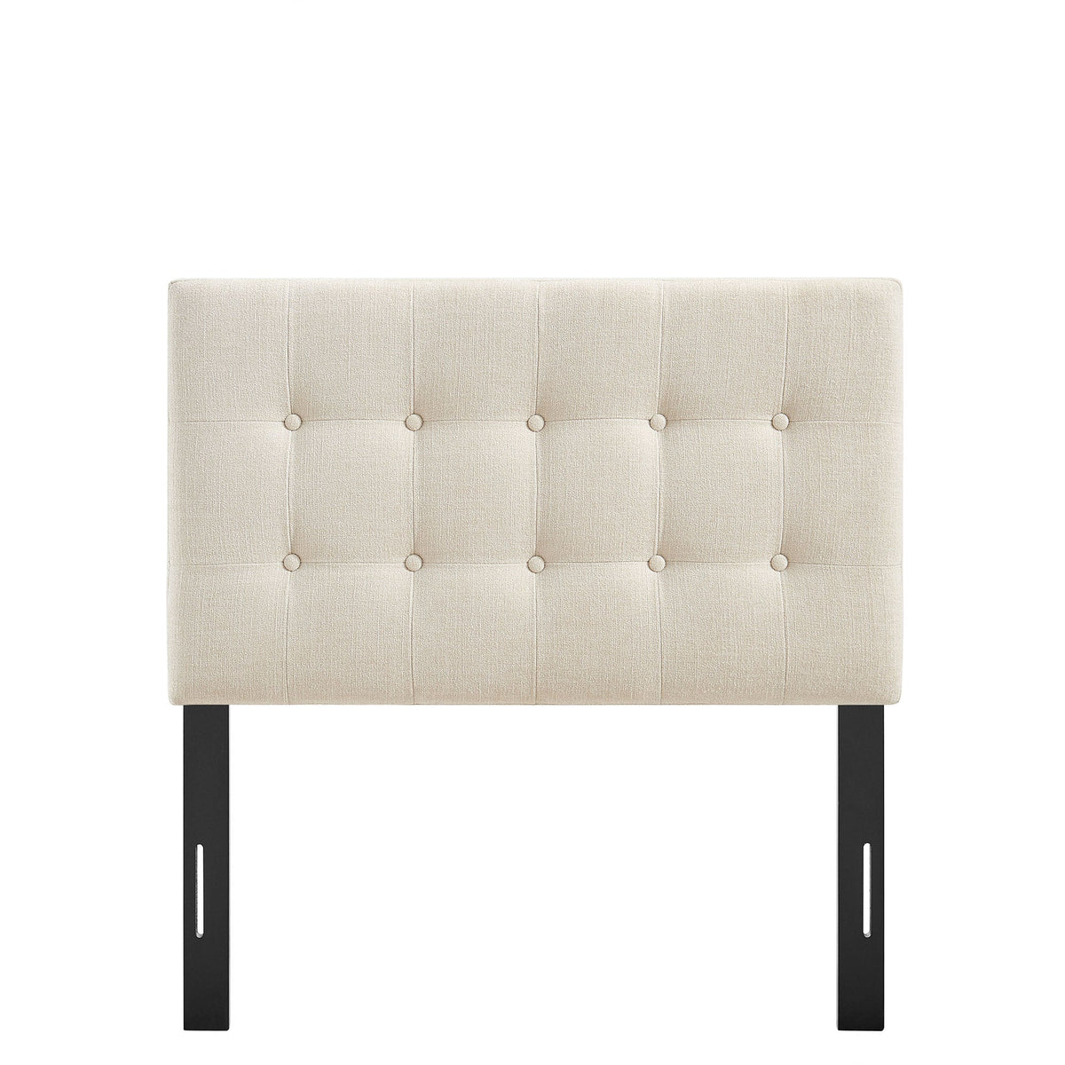 Emily Fabric Upholstered Headboard beige fabric with button-tufted panels, black metal legs on Tampa Home & Garden Store