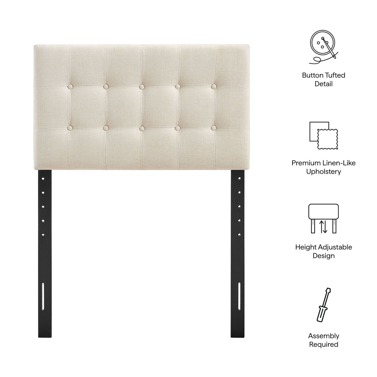 Emily Fabric Upholstered Headboard HouseOfZazla beige tufted with button details and black legs on Tampa Home & Garden Store