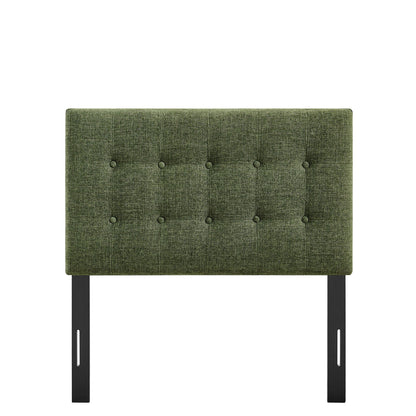 Emily fabric upholstered headboard in olive green with button tufting and black metal legs on Tampa Home & Garden Store