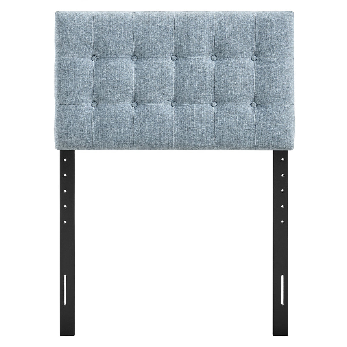 Emily Fabric Upholstered Headboard blue button-tufted grid panels with black metal legs on Tampa Home & Garden Store