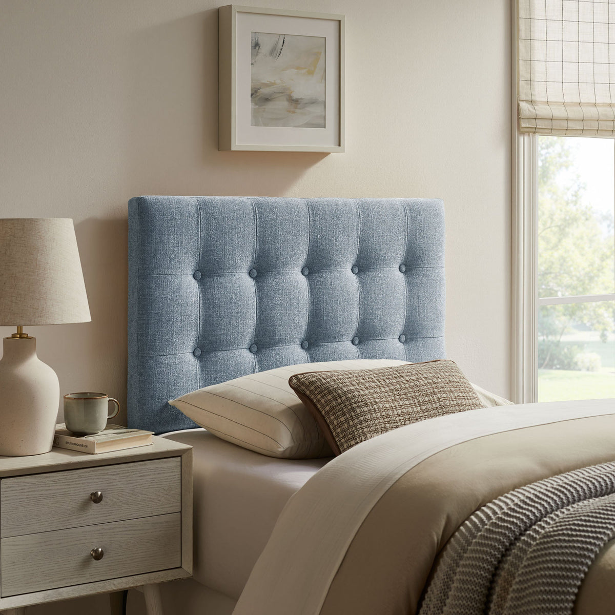 Emily Fabric Upholstered Headboard in blue-gray fabric with tufted button detailing on Tampa Home & Garden Store