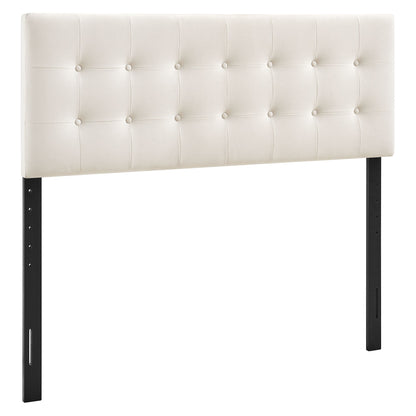 Emily Stain-Resistant Performance Velvet Headboard tufted with buttons on black metal legs on Tampa Home & Garden Store