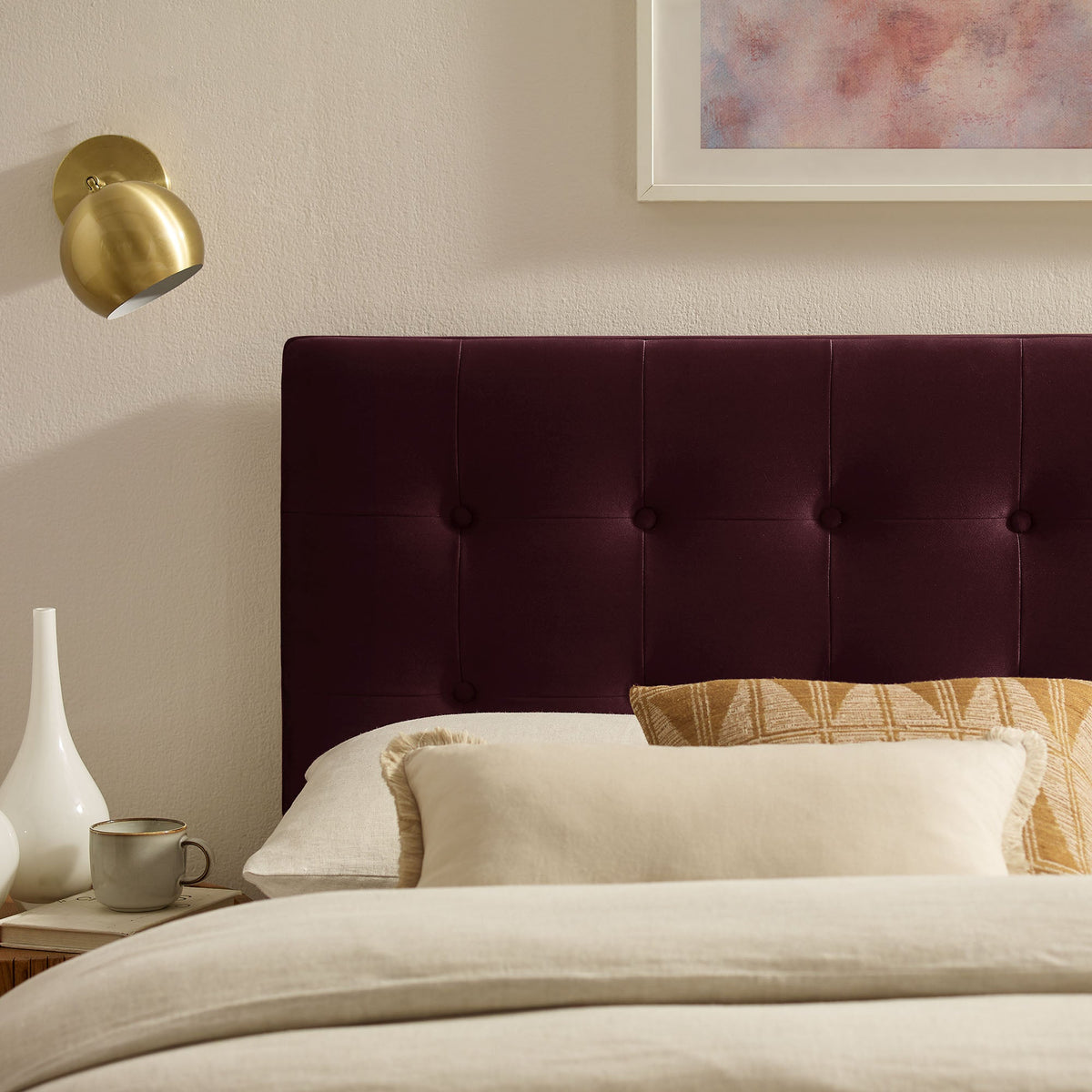 Emily Stain-Resistant Performance Velvet Headboard in deep plum, tufted, by HouseOfZazla on Tampa Home & Garden Store