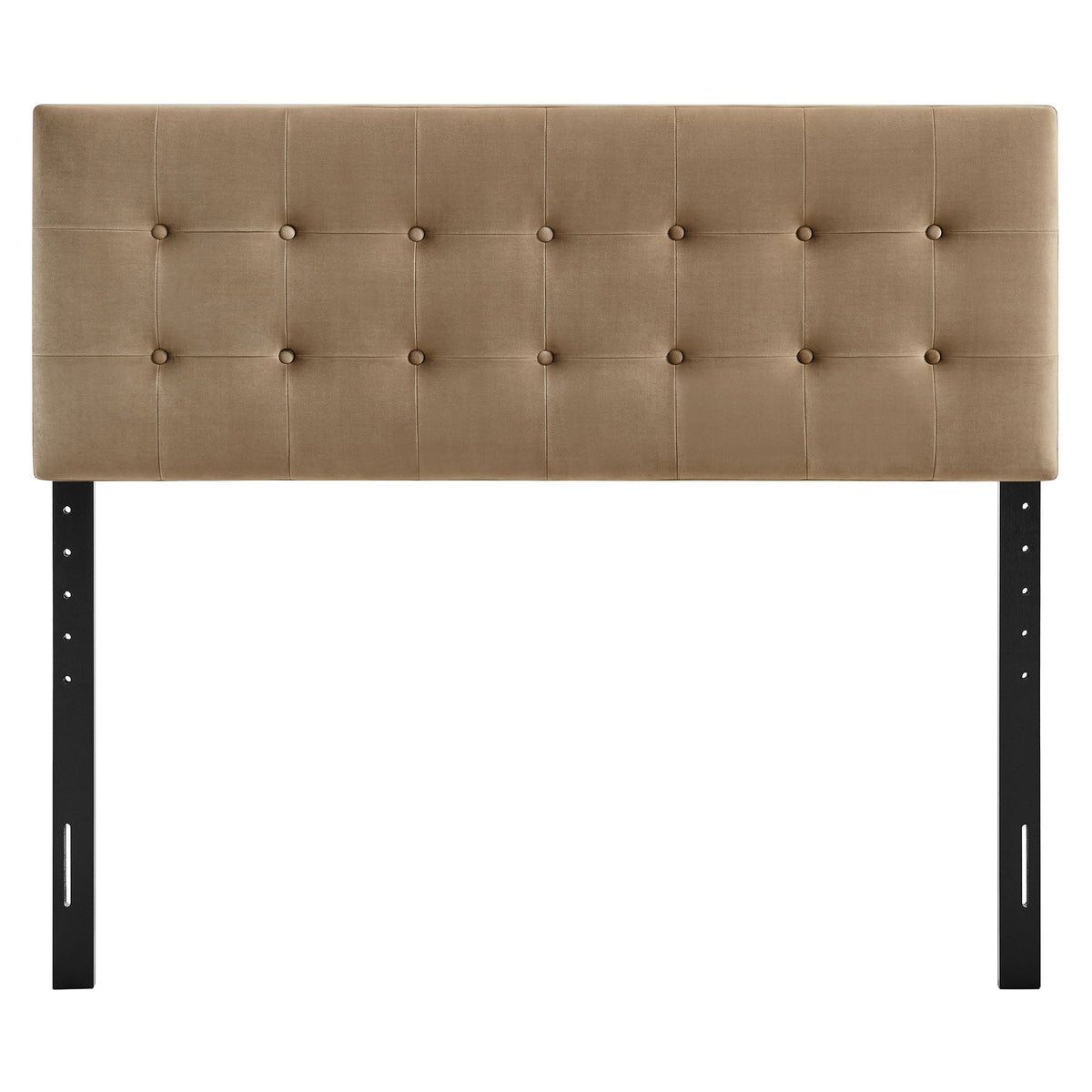Emily Stain-Resistant Velvet Headboard in taupe with square tufting and black metal legs on Tampa Home & Garden Store