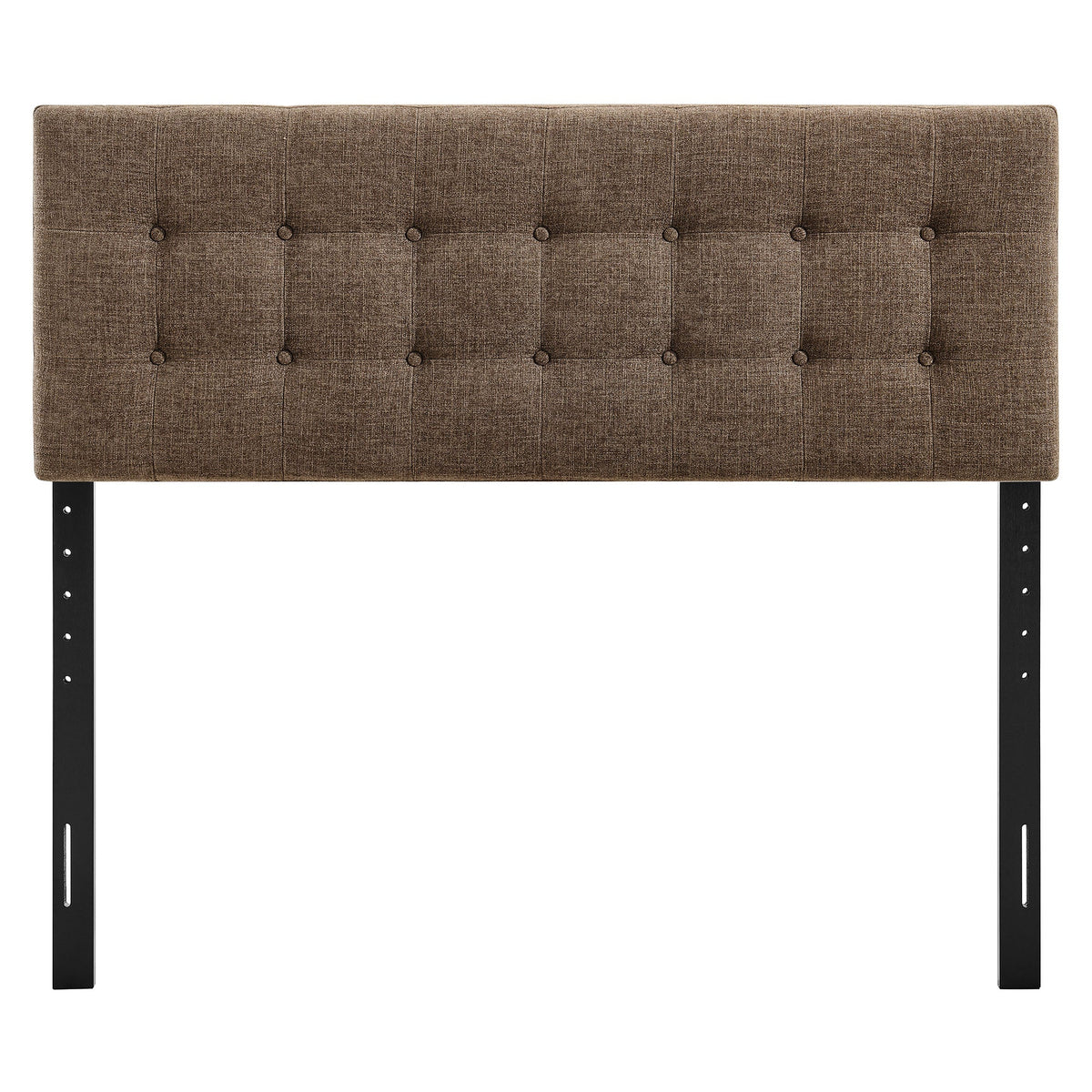 Emily upholstered headboard in brown fabric with button tufting on black metal legs on Tampa Home & Garden Store