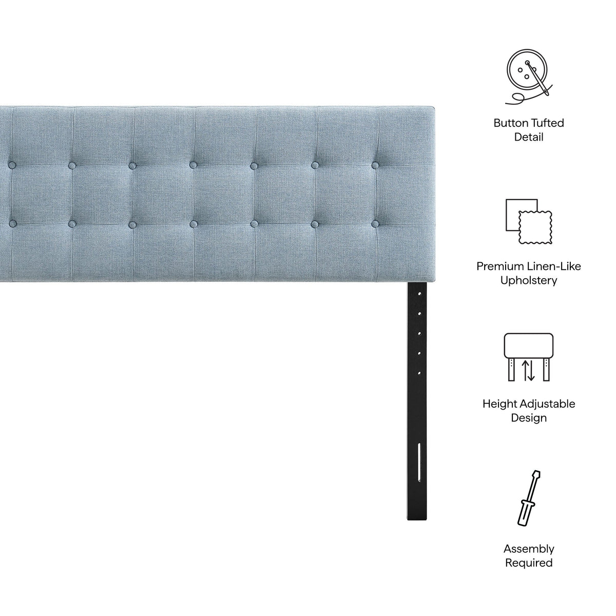 Emily Fabric Upholstered Headboard blue linen-like upholstery with button tufting on Tampa Home & Garden Store