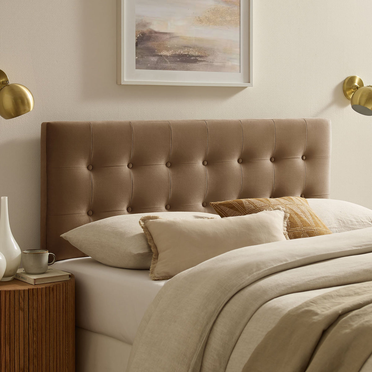 Headboard Emily Stain-Resistant Velvet by Modway, tan tufted with buttons in a bedroom on Tampa Home & Garden Store