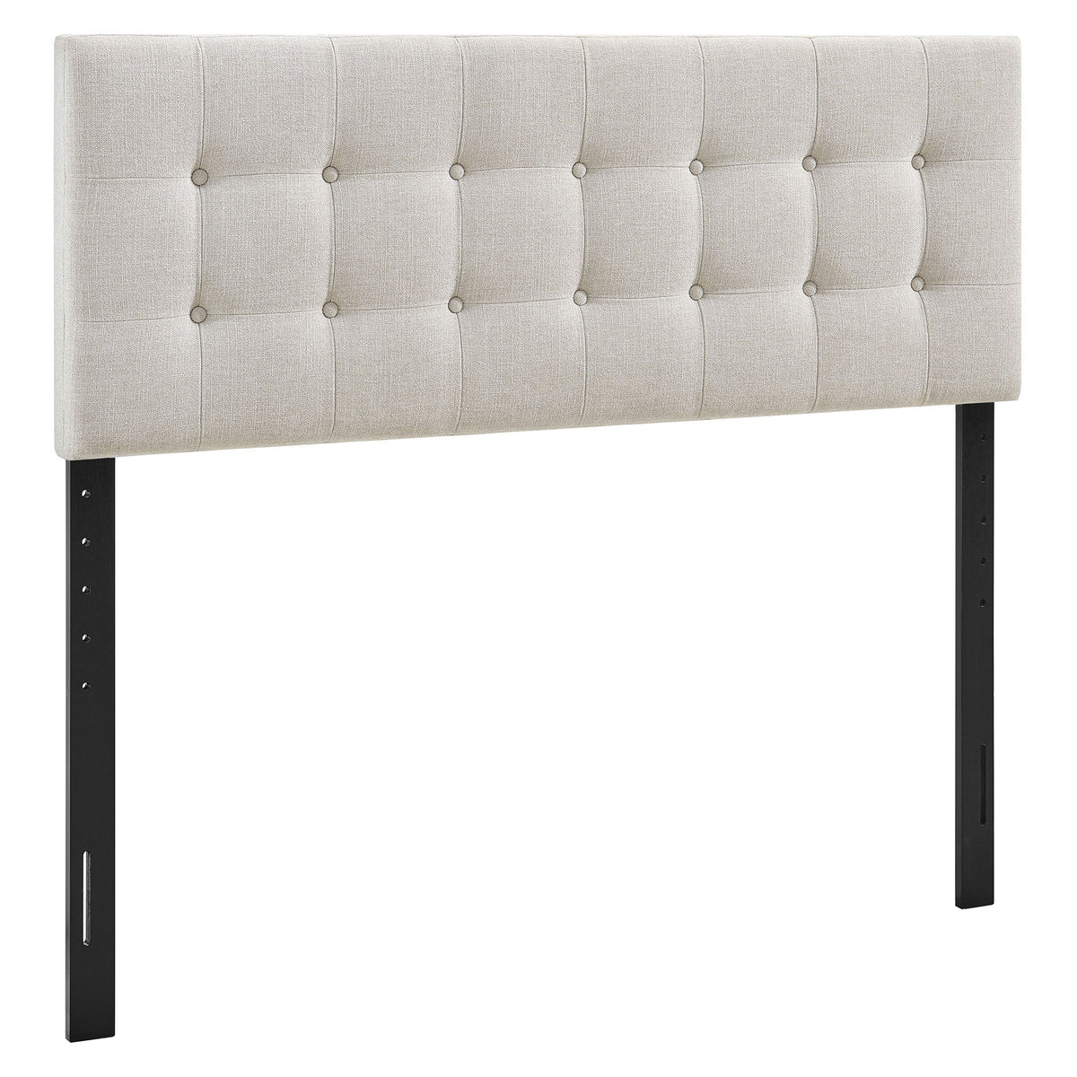 Emily Fabric Upholstered Headboard beige tufted with round buttons on black metal legs on Tampa Home & Garden Store