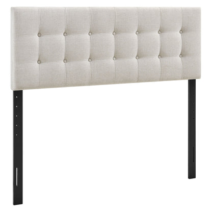 Emily Fabric Upholstered Headboard beige tufted with round buttons on black metal legs on Tampa Home & Garden Store