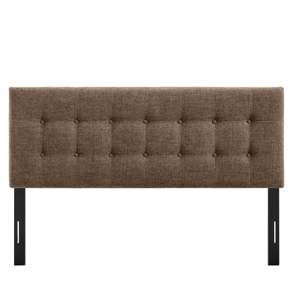Emily Fabric Upholstered Headboard in brown fabric with button tufting and black legs on Tampa Home & Garden Store