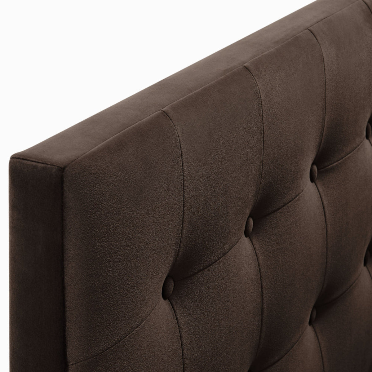 Emily Stain-Resistant Performance Velvet Headboard mocha brown with tufted panels close-up on Tampa Home & Garden Store