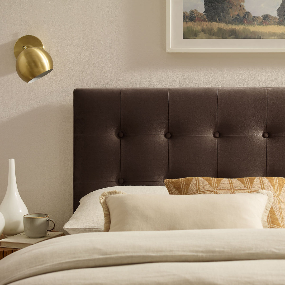 Emily Stain-Resistant Performance Velvet Headboard dark brown tufted finish by HouseOfZazla on Tampa Home & Garden Store