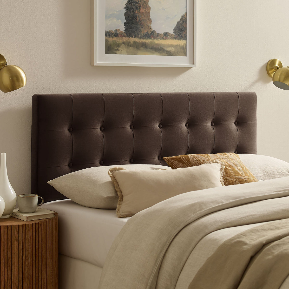 Emily Stain-Resistant Performance Velvet Headboard in dark brown tufted velvet, bedroom on Tampa Home & Garden Store
