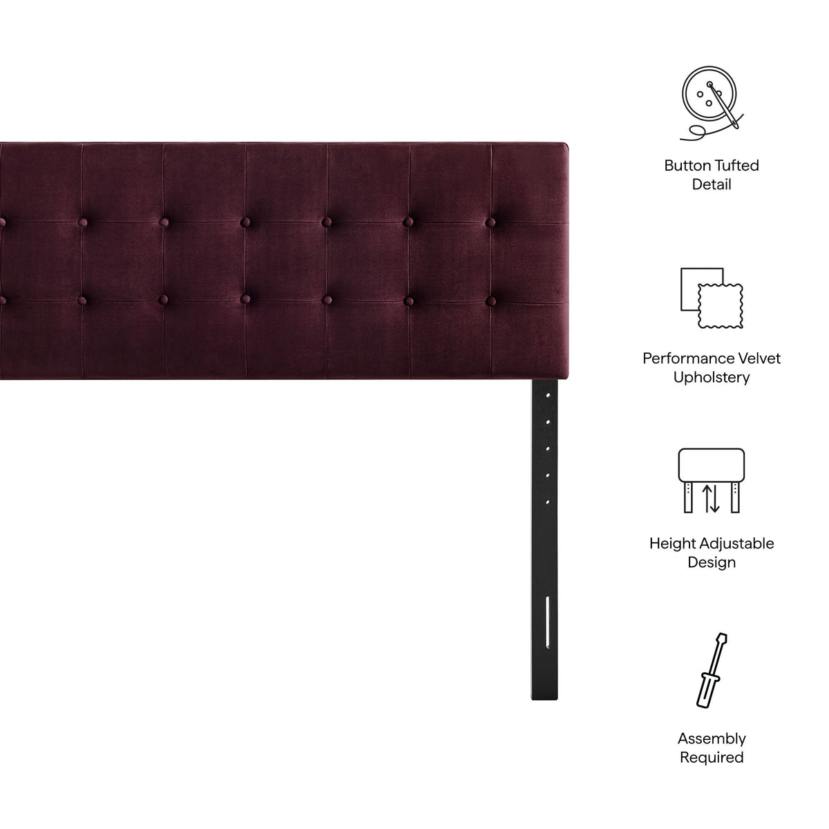 Headboard Emily Stain-Resistant Performance Velvet by Modway in burgundy, button-tufted on Tampa Home & Garden Store