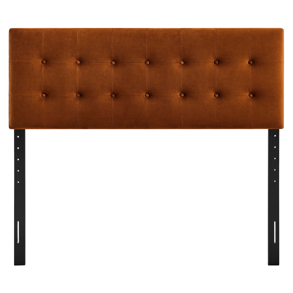 Emily Stain-Resistant Velvet Headboard in brown with tufted square panels on black legs on Tampa Home & Garden Store