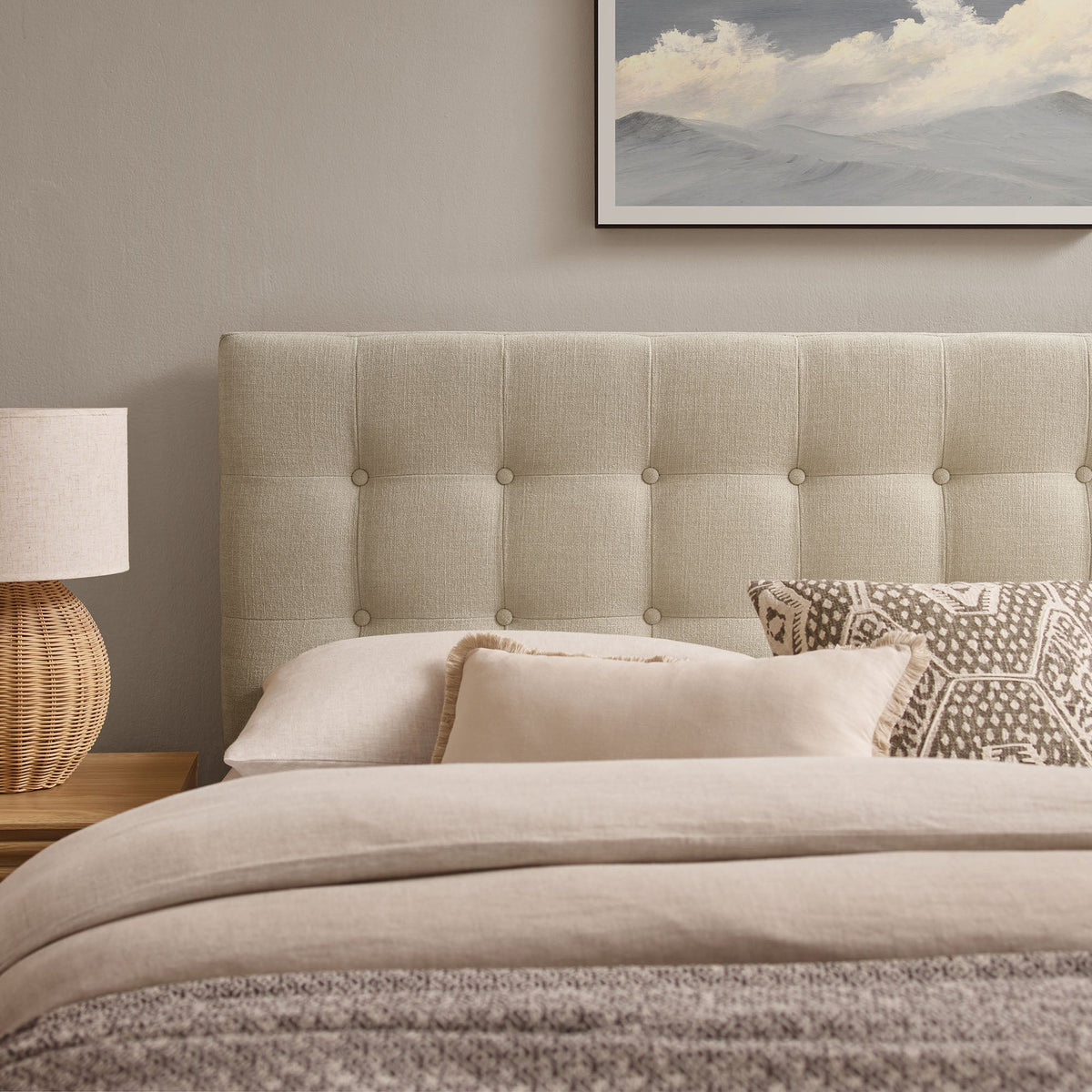 Emily Fabric Upholstered Headboard beige tufted fabric with button accents by Modway on Tampa Home & Garden Store