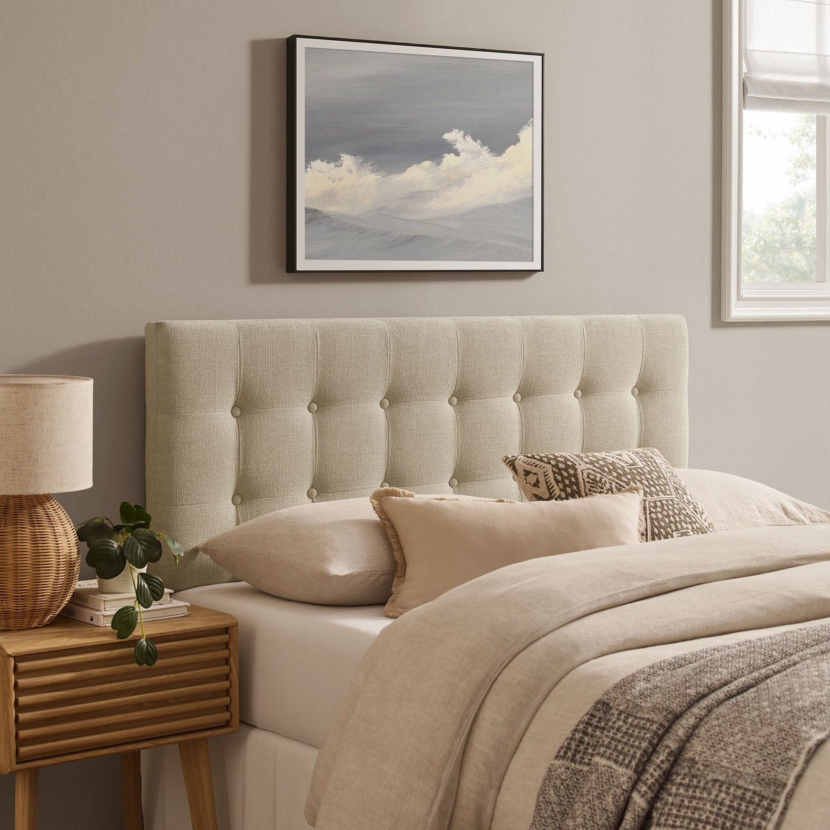 Emily Fabric Upholstered Headboard beige tufted fabric by Modway on Tampa Home & Garden Store