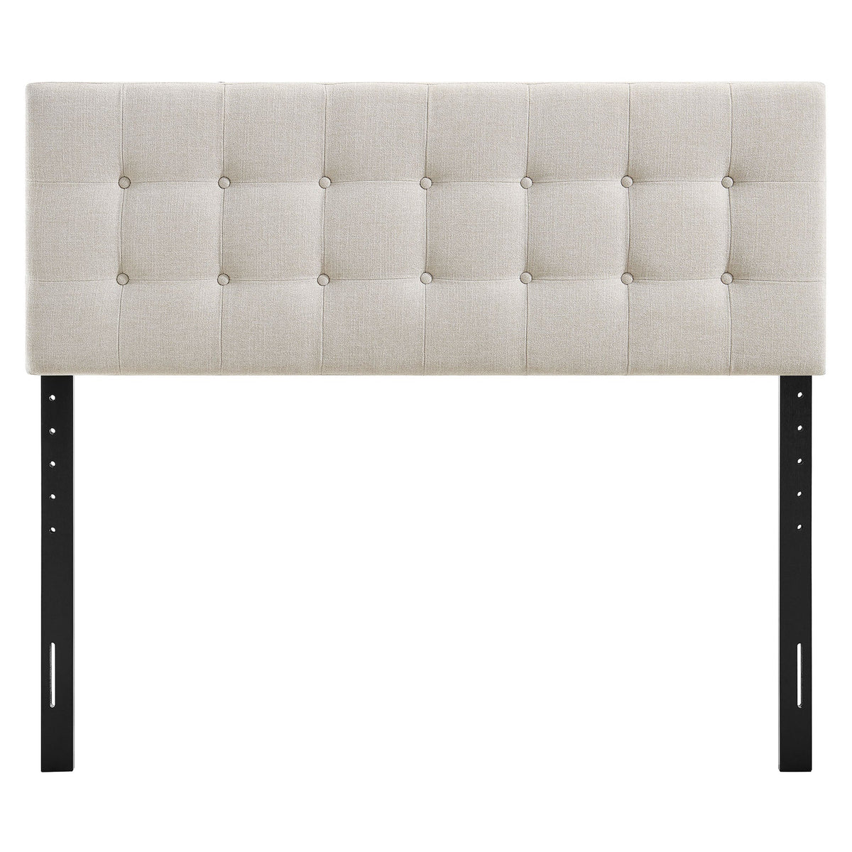 Emily Fabric Upholstered Headboard beige button-tufted fabric, black metal legs on Tampa Home & Garden Store