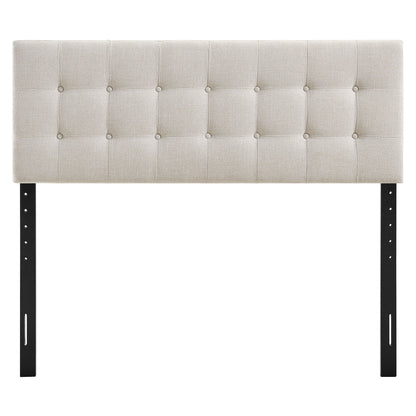 Emily Fabric Upholstered Headboard beige button-tufted fabric, black metal legs on Tampa Home & Garden Store