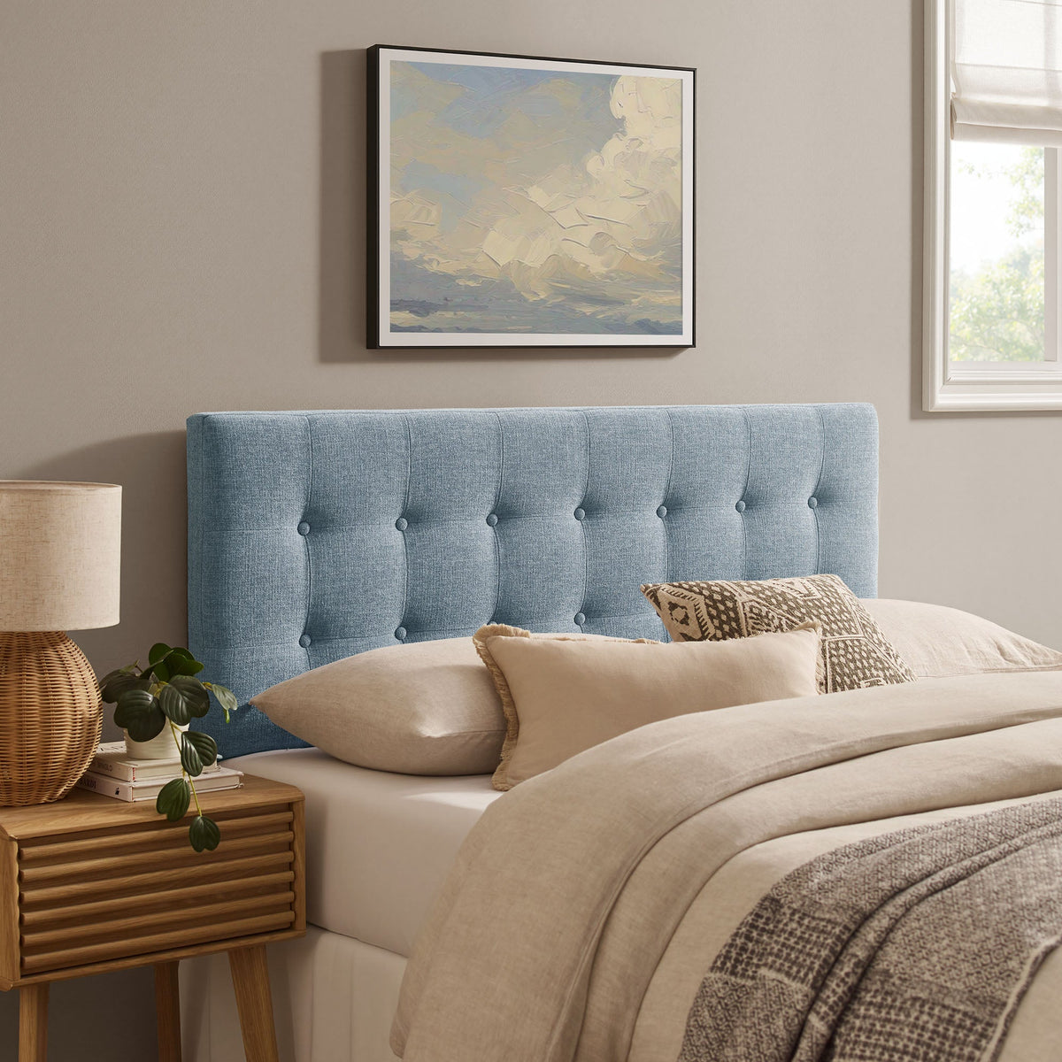 Emily Fabric Upholstered Headboard by Modway, blue tufted fabric with button details on Tampa Home & Garden Store